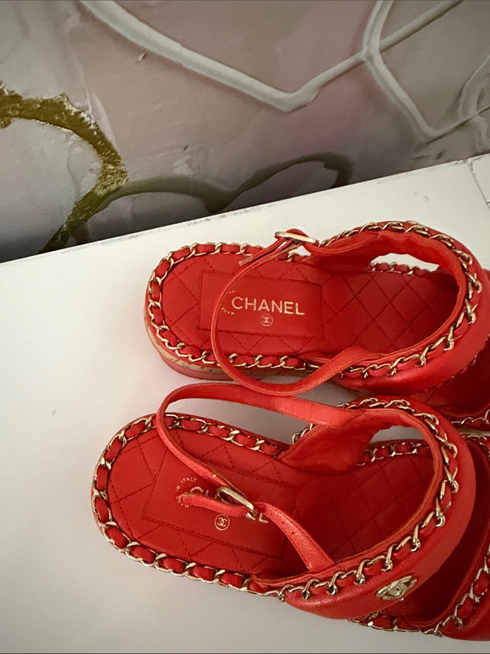 CHANEL Red Quilted Chain-Trim Slide Sandals with Gold CC Accent - Picture 2 of 6